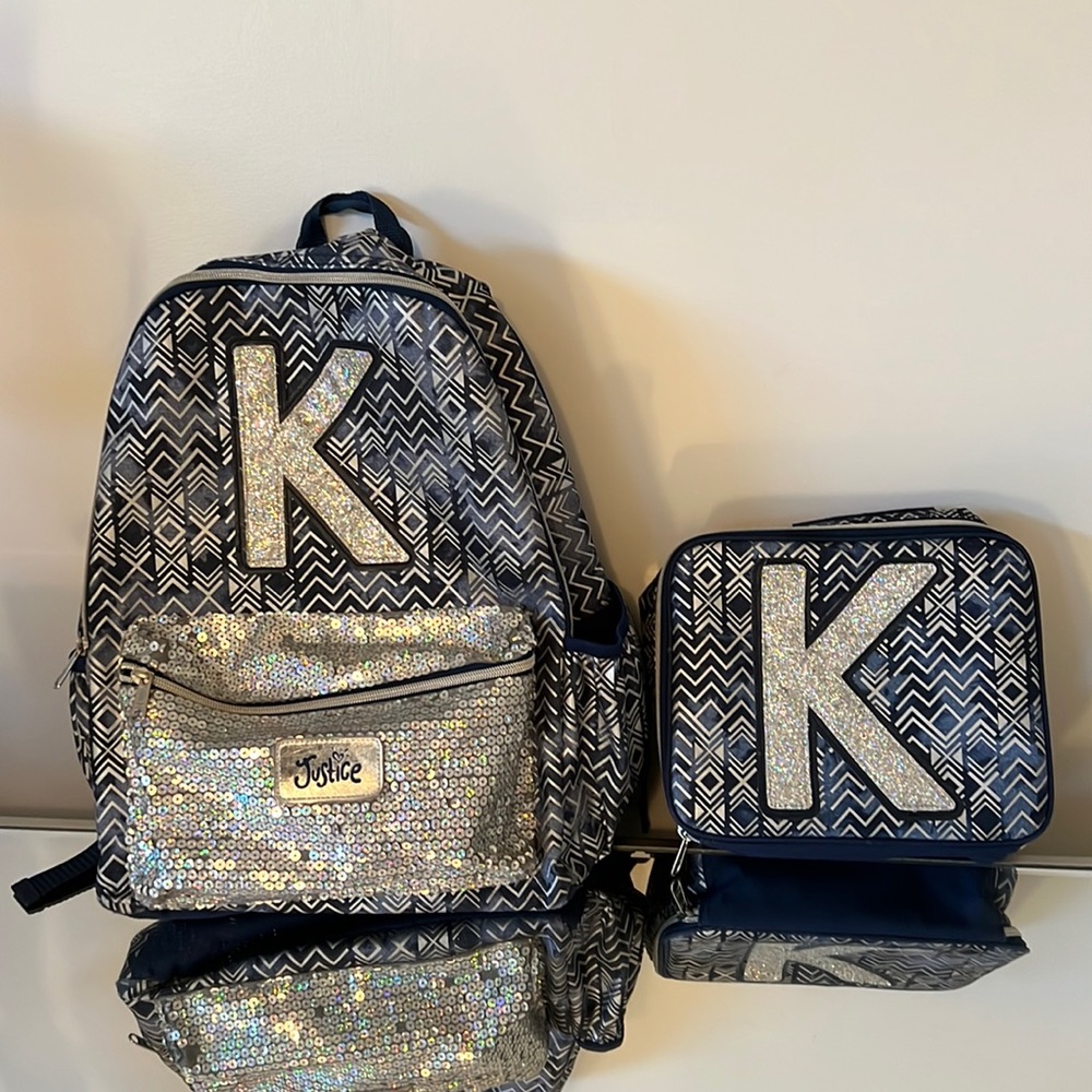 Justice girls initial K backpack and lunch box set